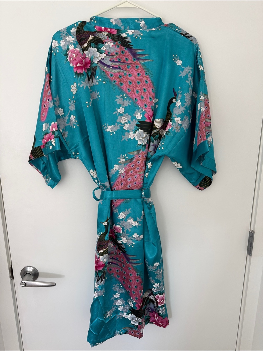 Teal Floral Satin Kimono Robe - Picture 2 of 2